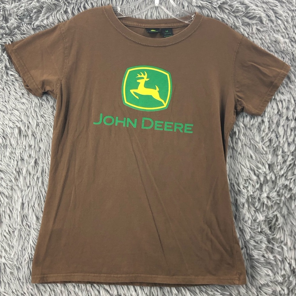 John Deere Tshirt Womens Medium Logo Spellout Brown Green Short Sleeve Shirt